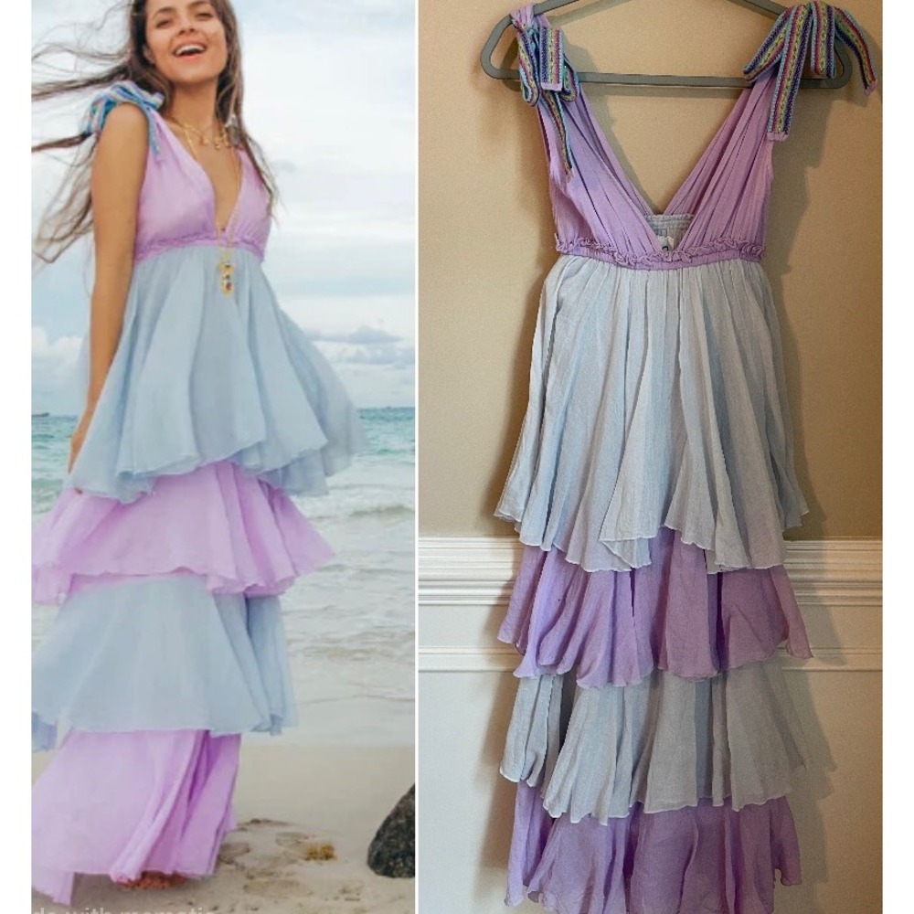 Pitusa Alma Dress Orchid Ice Tiered Maxi Cotton Lavender Blue Small Petite